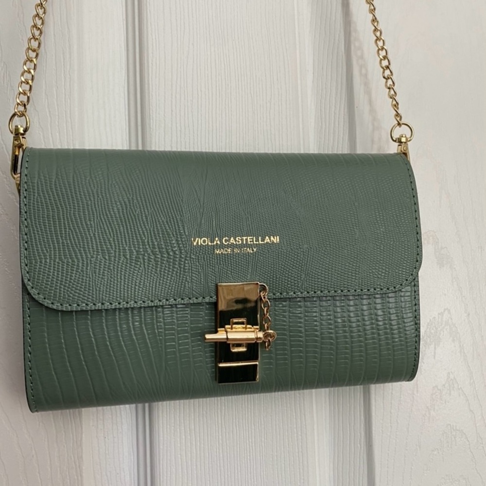 VIOLA CASTELLANI Italy Leather Lizard Embossed Crossbody bag Aqua Green